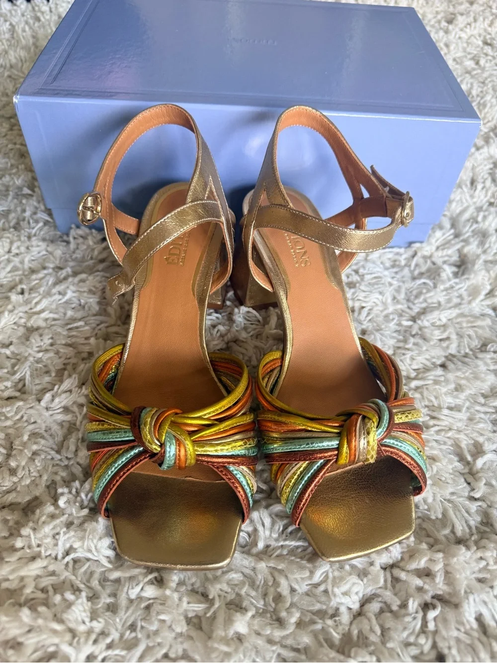 Sézane Metallic Gold Multi-Color Strappy Knot Block Heel Sandals
